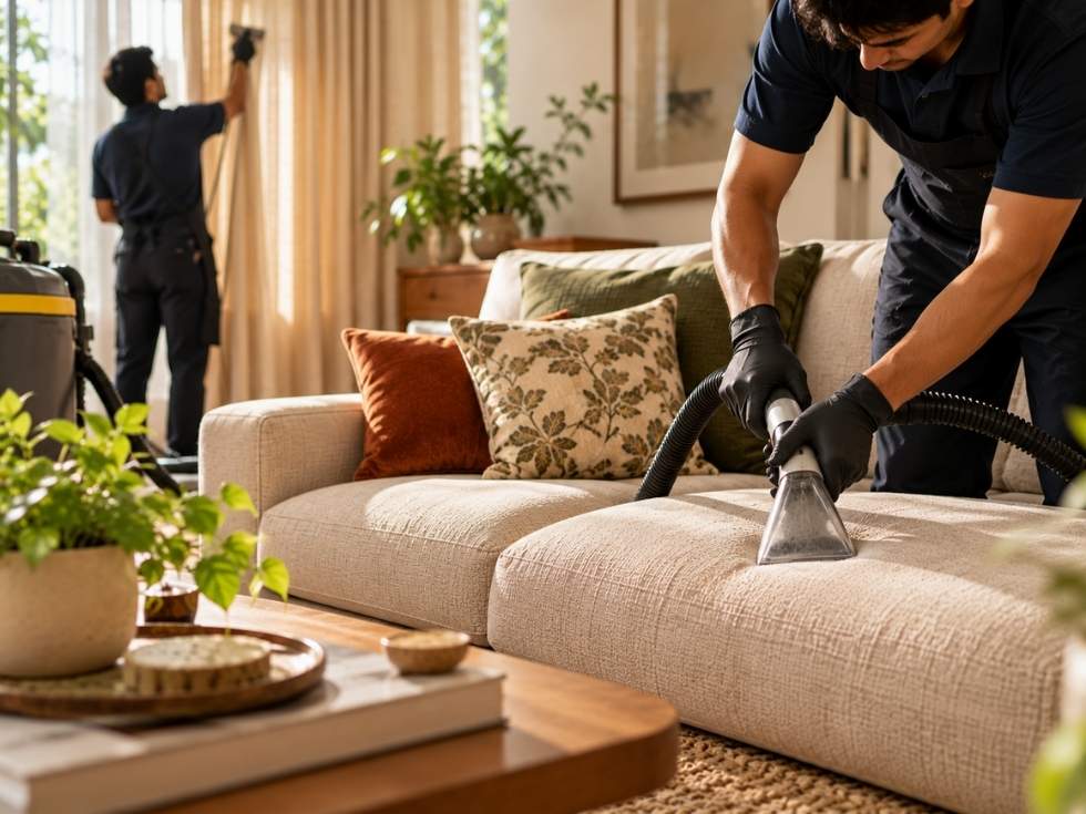 Professional cleaner steam cleaning a beige sofa in a living room - Beautiful Homes