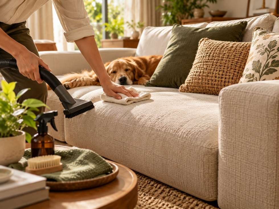 Person vacuuming and wiping a beige sofa while a dog rests nearby - Beautiful Homes