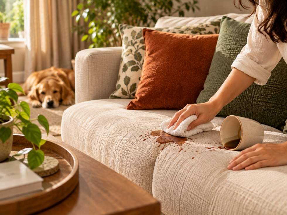 Person blotting a coffee spill on a beige sofa with a cloth - Beautiful Homes