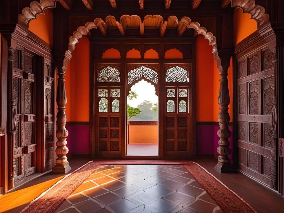 Statement wooden doors in gujarat house design - Beautiful Homes