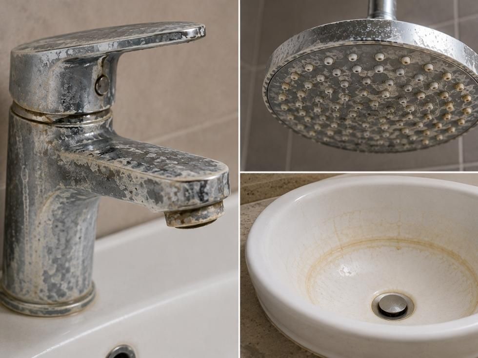 Hard water damage on bathroom faucets, showers and sanitaryware - Beautiful Homes