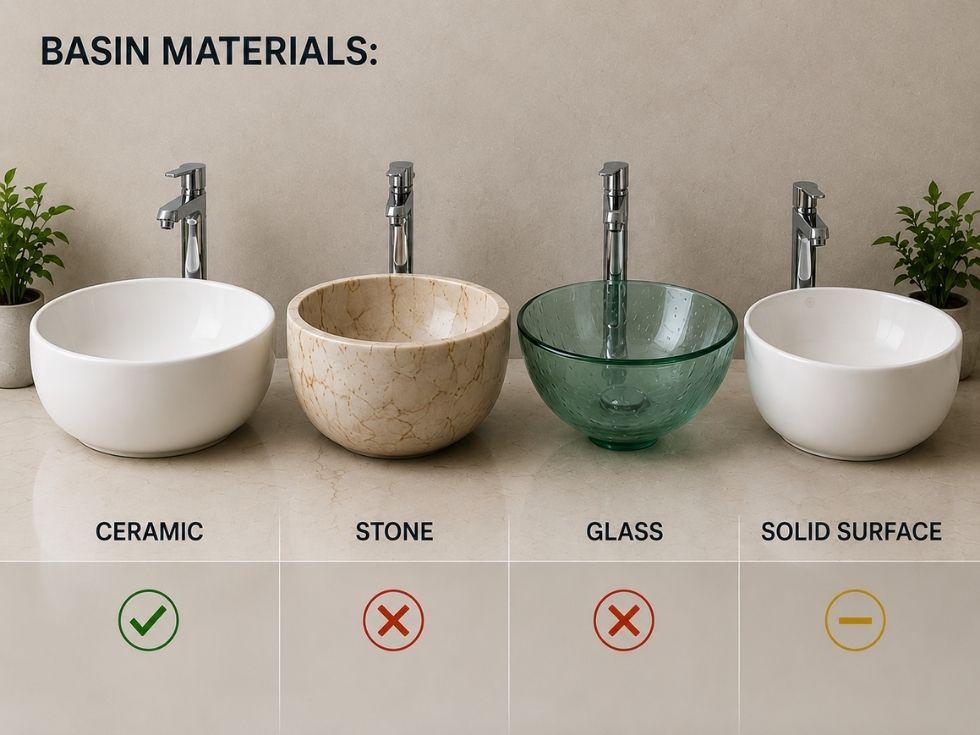 Comparison of ceramic, stone, glass and solid surface wash basins for hard water bathrooms - Beautiful Homes