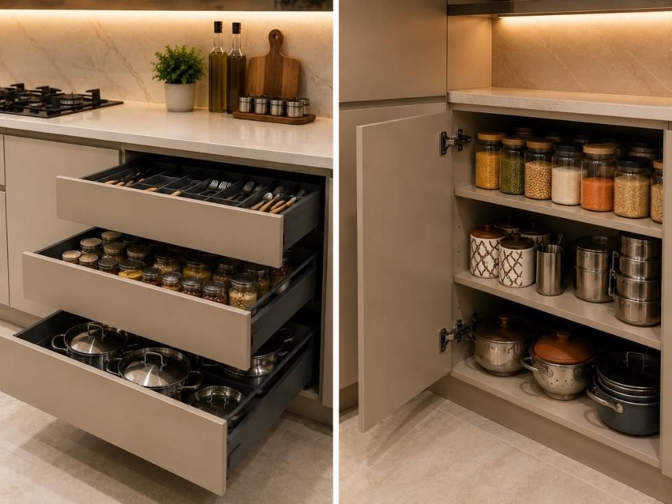 Modular kitchen drawers compared with shelf cabinets for organised cookware and pantry storage - Beautiful Homes