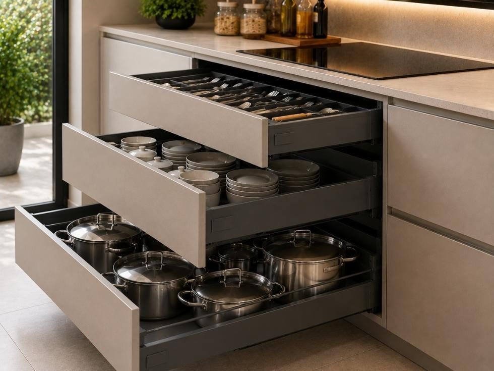 Kitchen drawers showing light, medium and heavy load storage with cookware and cutlery - Beautiful Homes