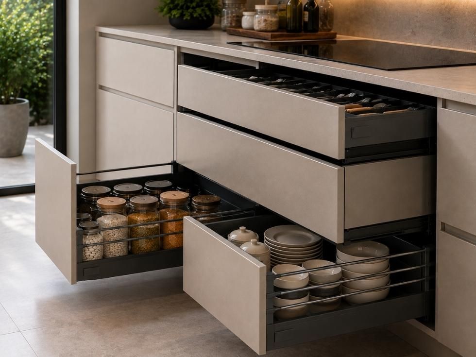 Kitchen drawers with cutlery, cookware and pantry storage using different drawer systems - Beautiful Homes