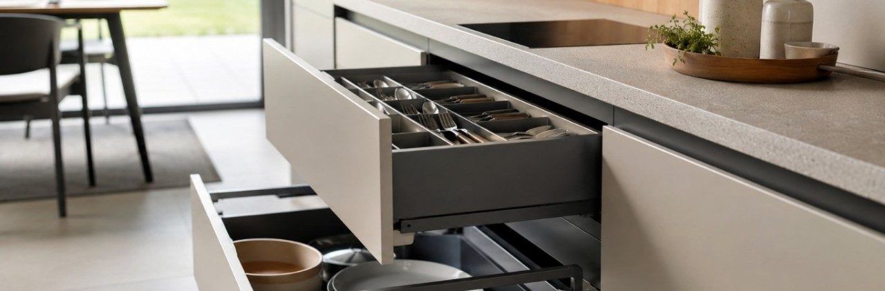 Modern modular kitchen drawers with Tandem, Tandembox and Legrabox storage systems - Beautiful Homes