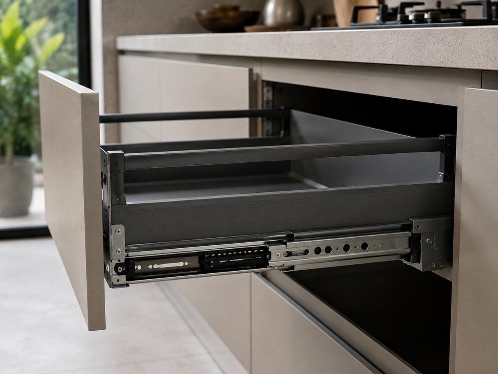 Modern kitchen drawer showing metal runners and soft close drawer mechanism- Beautiful Homes