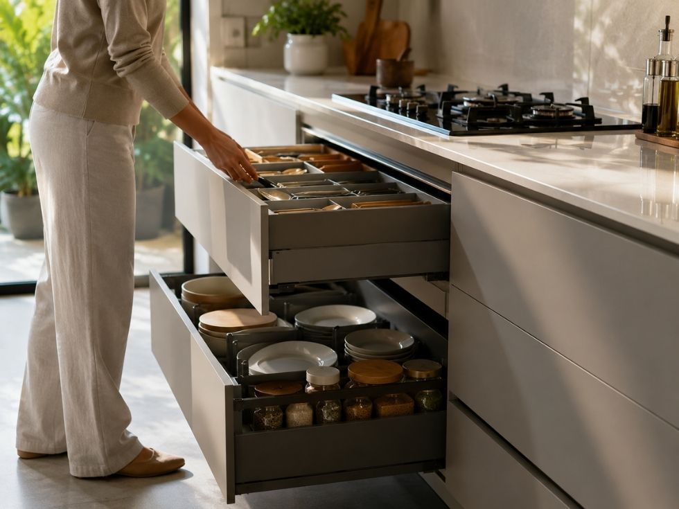 Modern modular kitchen with organised soft close drawer storage system - Beautiful Homes