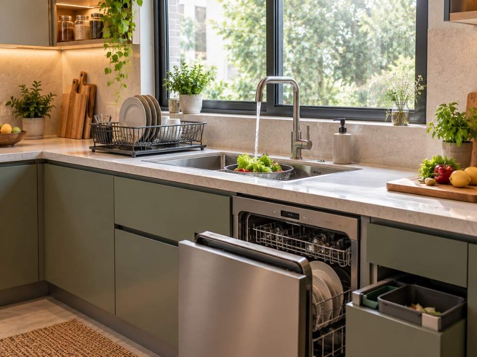 Kitchen cleaning zone with sink, dishwasher, dish rack, waste bins, and food washing area - Beautiful Homes