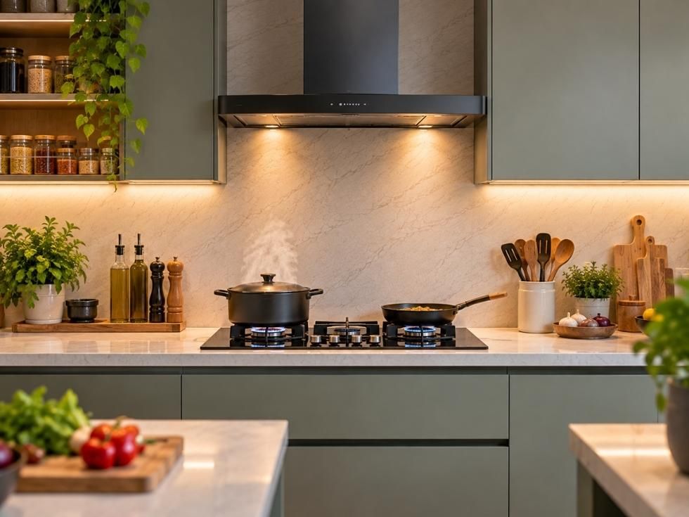 Kitchen cook zone with gas hob, range hood, cookware, utensils, and cooking essentials - Beautiful Homes