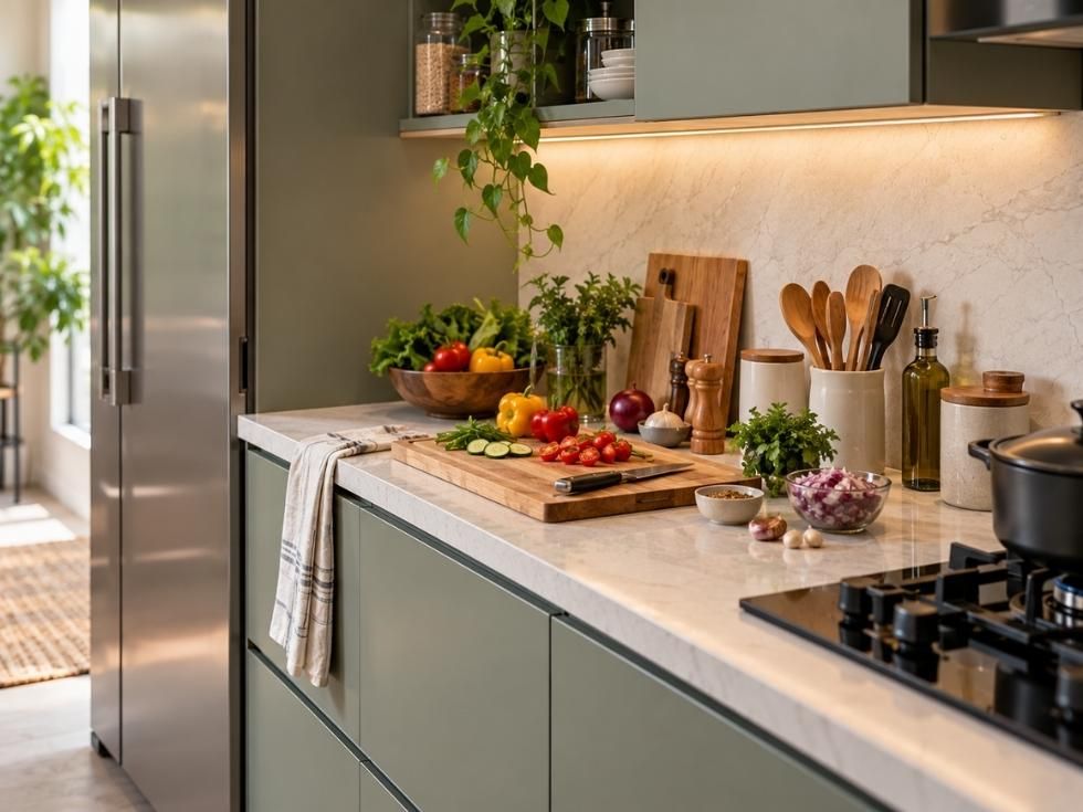 Kitchen prep zone with countertop, chopping board, fresh vegetables, and utensils beside the cooktop - Beautiful Homes