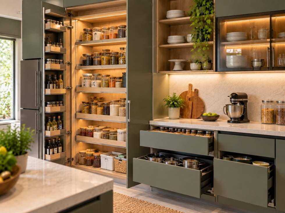 Kitchen storage zone with pantry, pull-out drawers, cabinets, shelves, and organised cookware - Beautiful Homes