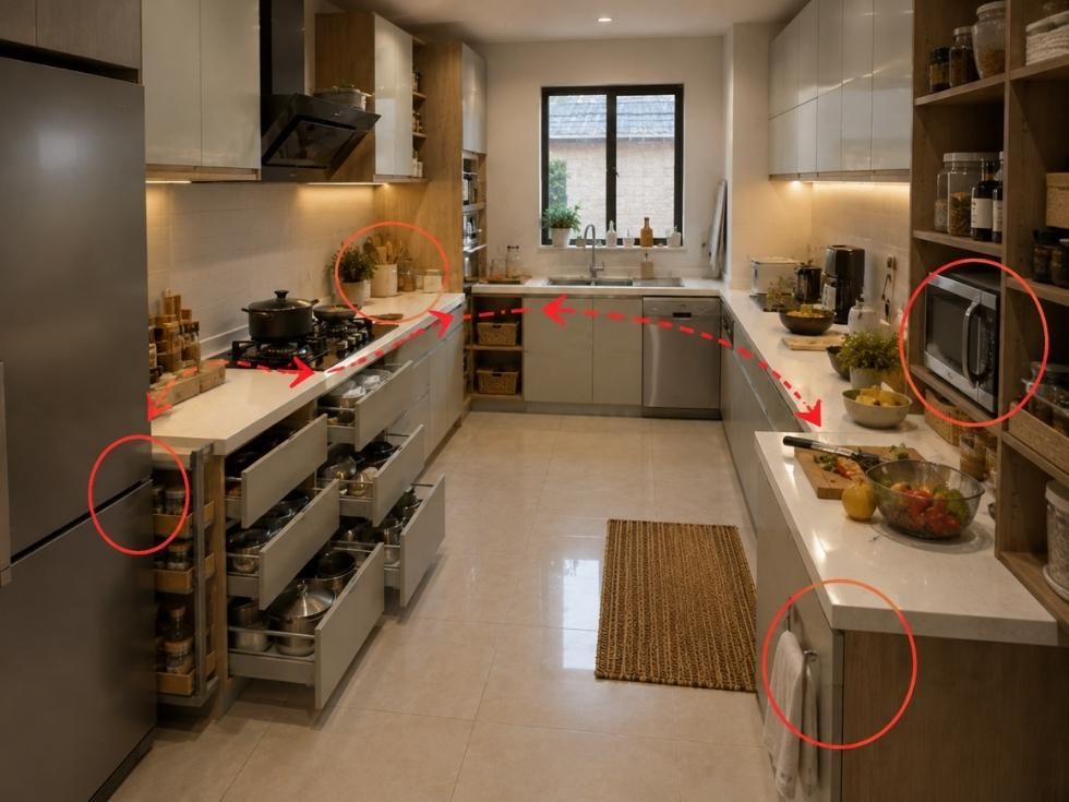 Kitchen layout highlighting common zoning mistakes such as poorly placed appliances and inefficient work zones - Beautiful Homes