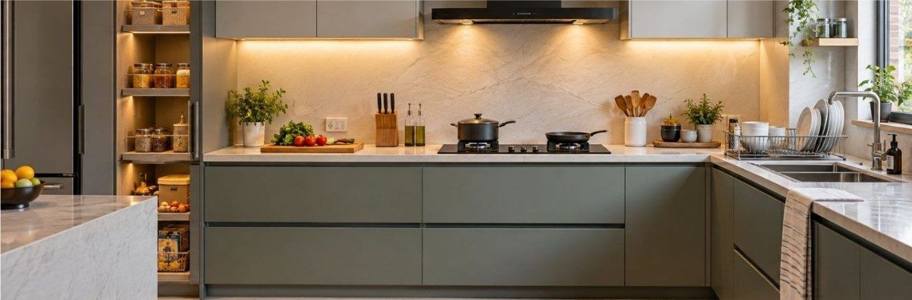 Modern kitchen with clearly defined cooking, prep, cleaning and storage areas- Beautiful Homes