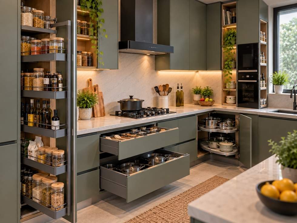 Kitchen with pull-out pantry, organised drawers, corner storage, and built-in organisers supporting efficient zoning - Beautiful Homes