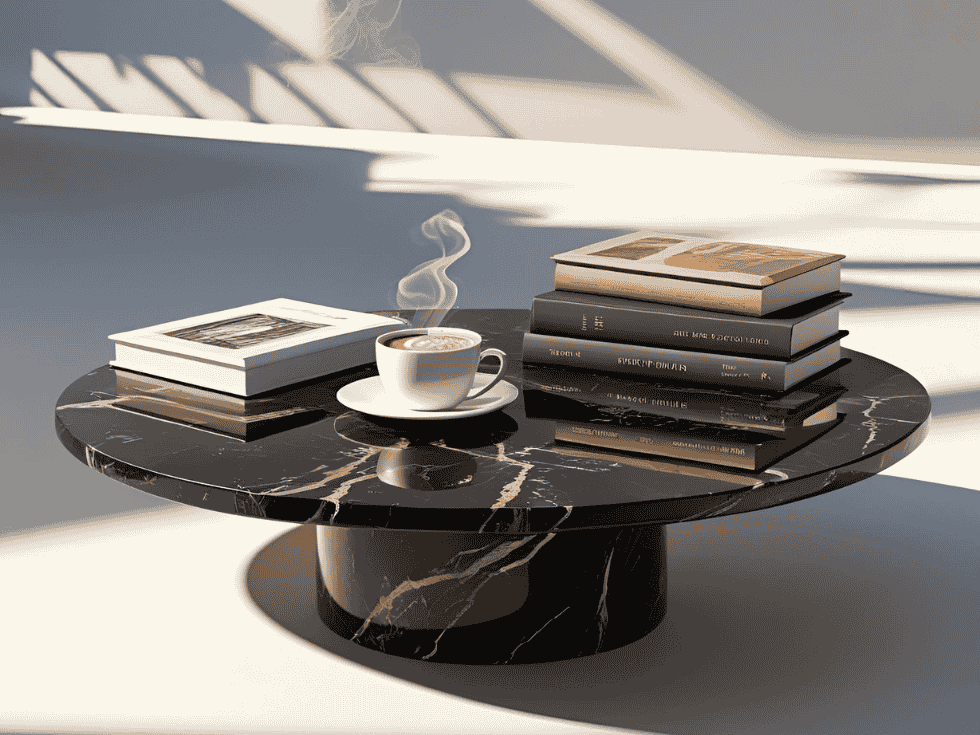 Circular Black Marble Coffee Table With Books And Coffee - Beautiful Homes