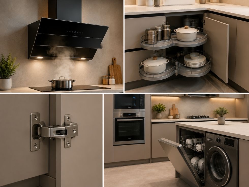 Built in kitchen appliances, cabinet hardware and storage accessories that add to modular kitchen costs - Beautiful Homes