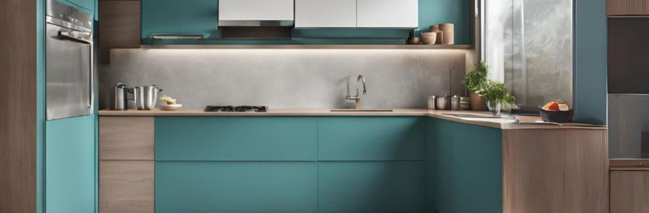 Teal and wooden l-shaped modular kitchen - Beautiful Homes