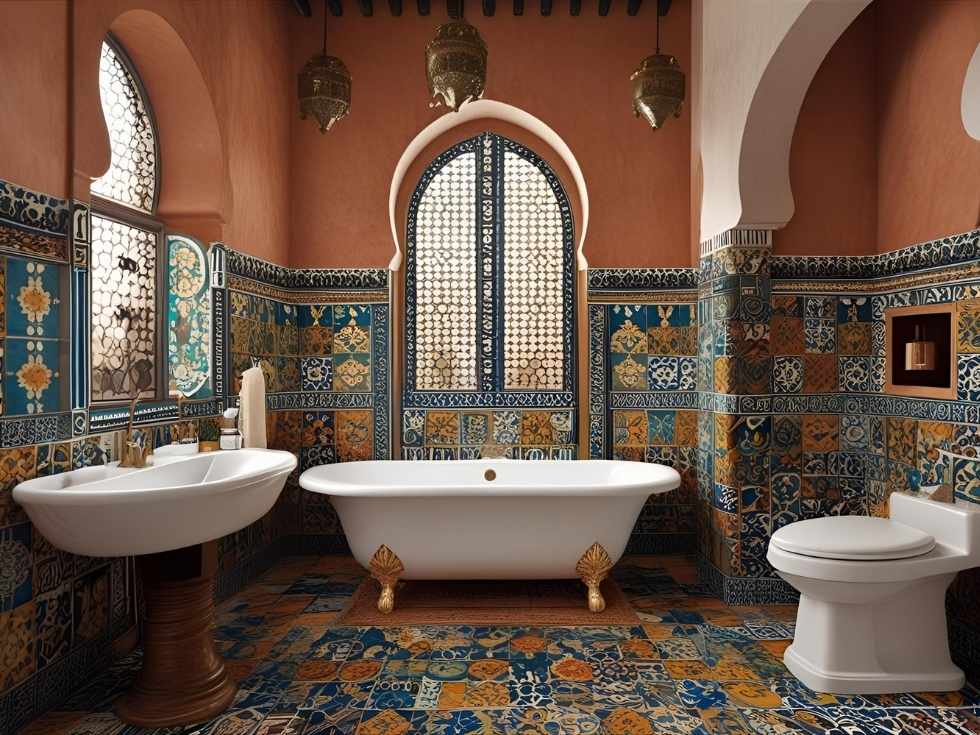 Moroccan Bathroom Ideas with Busy Floor Tiles - Beautiful Homes