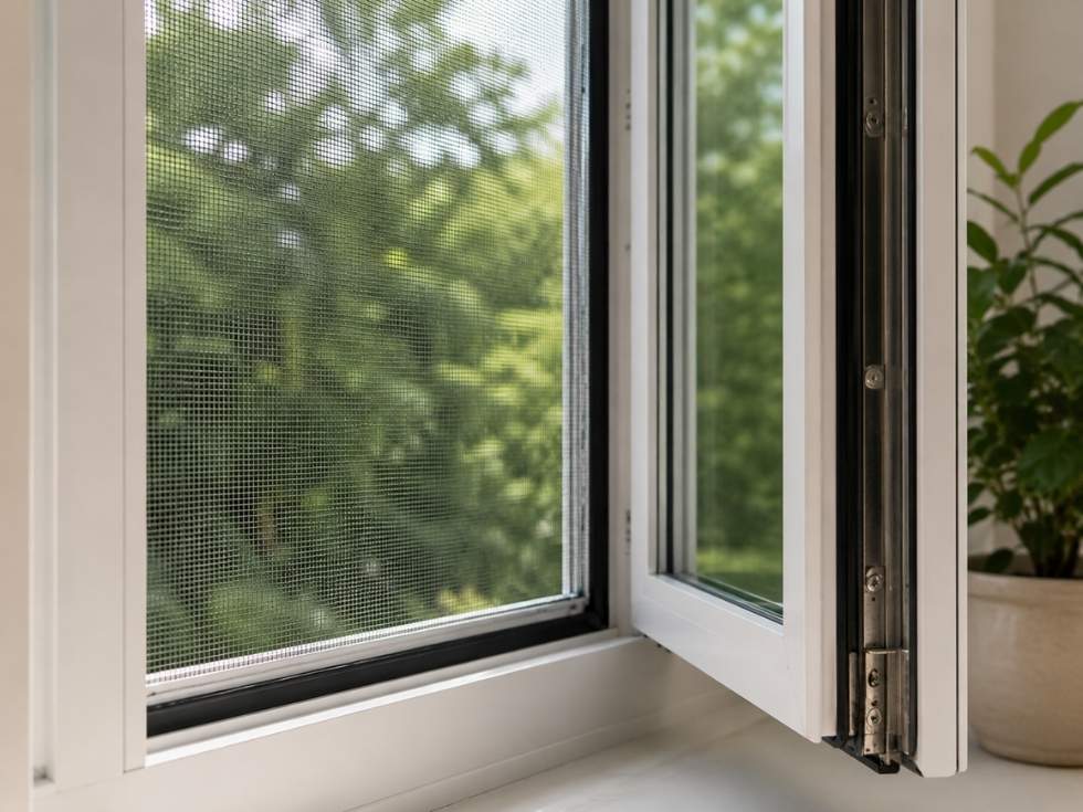 Open uPVC window with fitted mosquito mesh screen and frame system - Beautiful Homes