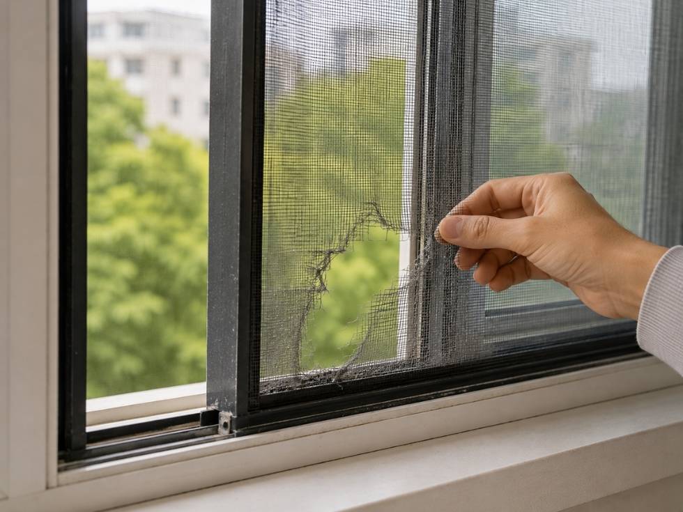 Torn mosquito mesh on a sliding window highlighting the importance of choosing durable screen material - Beautiful Homes