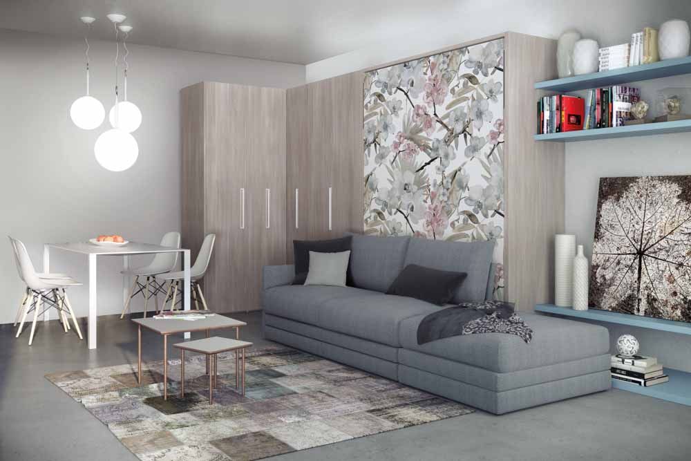 Multipurpose living room design studio apartments with grey sofa and pastel blue shelves - Beautiful Homes