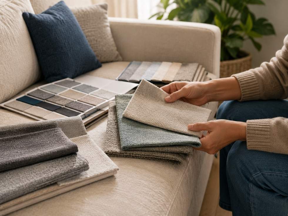 Person comparing upholstery fabric swatches and sample books on a sofa before choosing performance fabric - Beautiful Homes