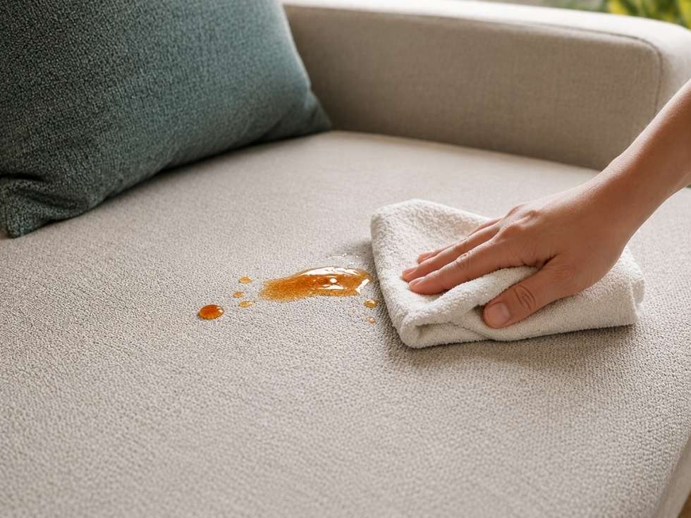 Wiping a fresh spill from easy-clean performance fabric upholstery with a soft cloth - Beautiful Homes