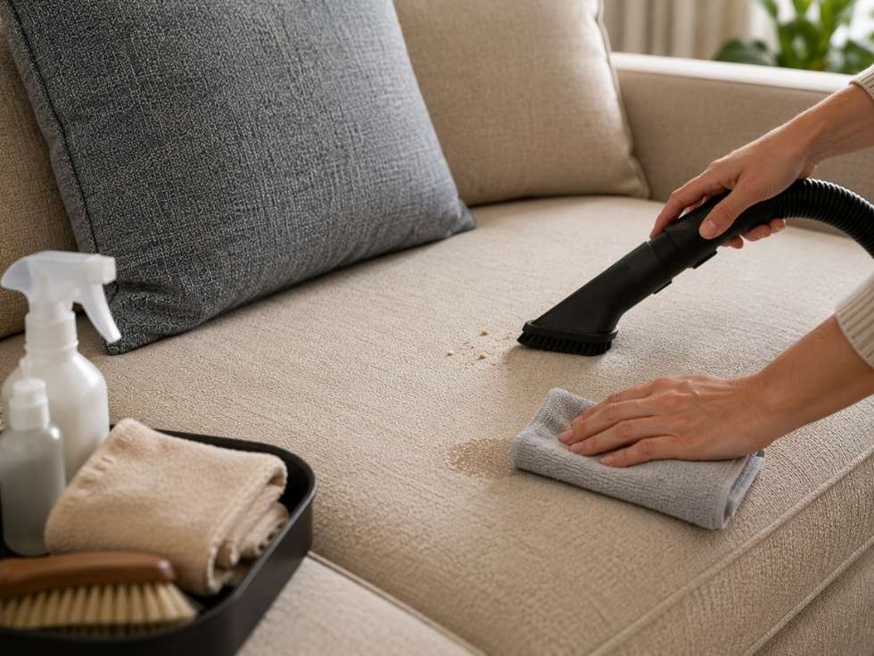 Vacuuming and wiping a performance fabric sofa during routine cleaning - Beautiful Homes