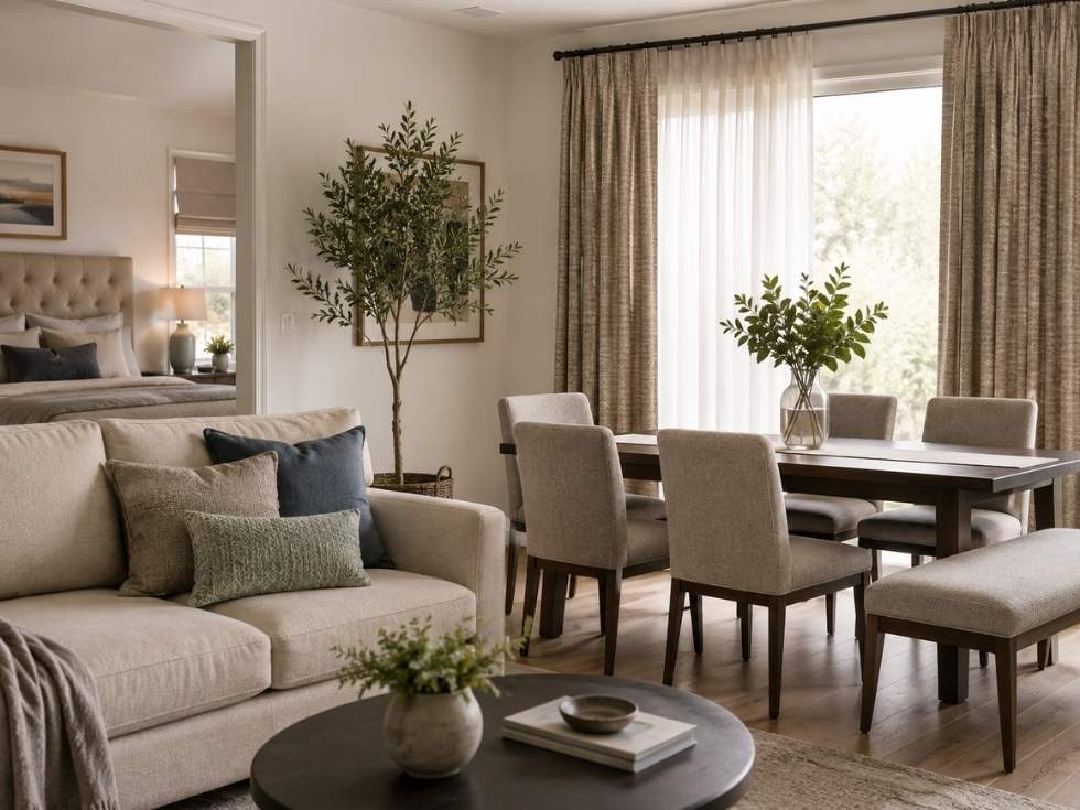 Living room with performance fabric sofa and upholstered dining chairs for everyday use - Beautiful Homes