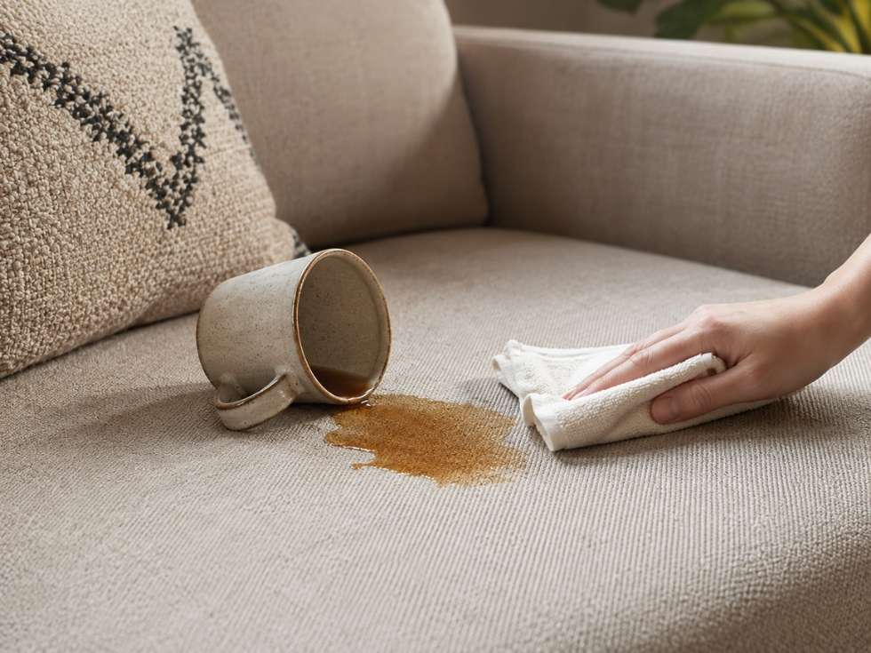 Cleaning a coffee spill from performance fabric upholstery with a soft cloth - Beautiful Homes