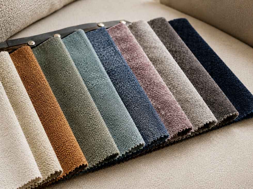 Upholstery performance fabric swatches in different colours and textures for furniture selection - Beautiful Homes