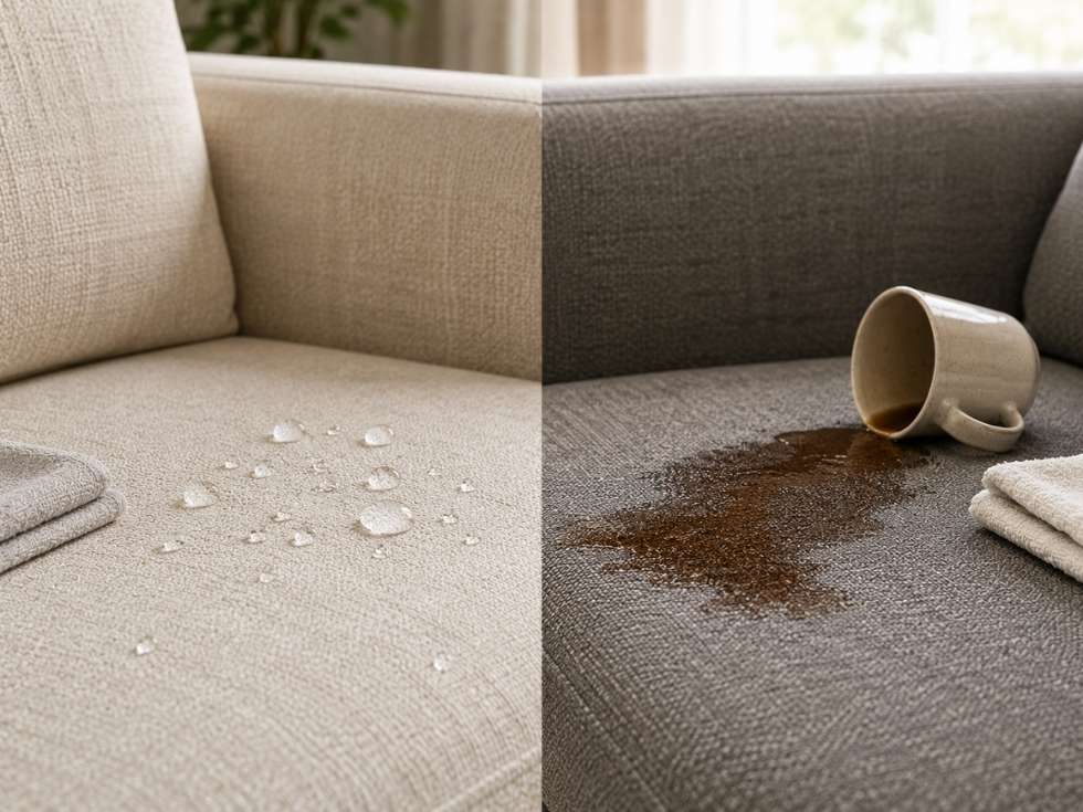 Side by side comparison of performance fabric resisting water and traditional upholstery fabric absorbing a coffee spill - Beautiful Homes