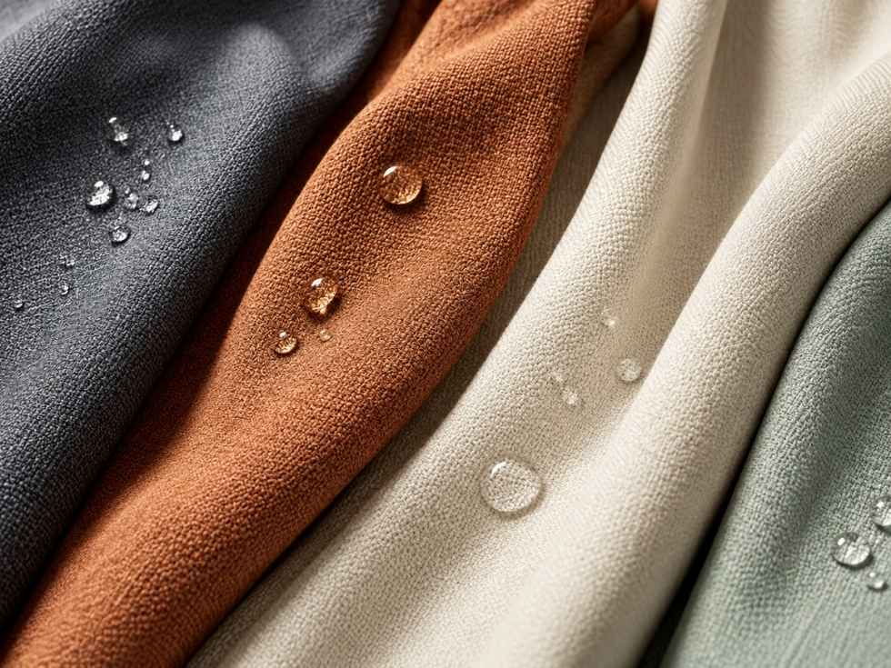 Water resistant performance upholstery fabric swatches showing liquid beading on different textures - Beautiful Homes