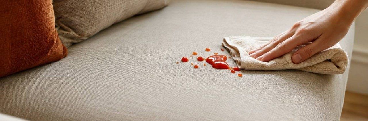Wiping a spill from stain resistant performance fabric upholstery on a modern sofa - Beautiful Homes