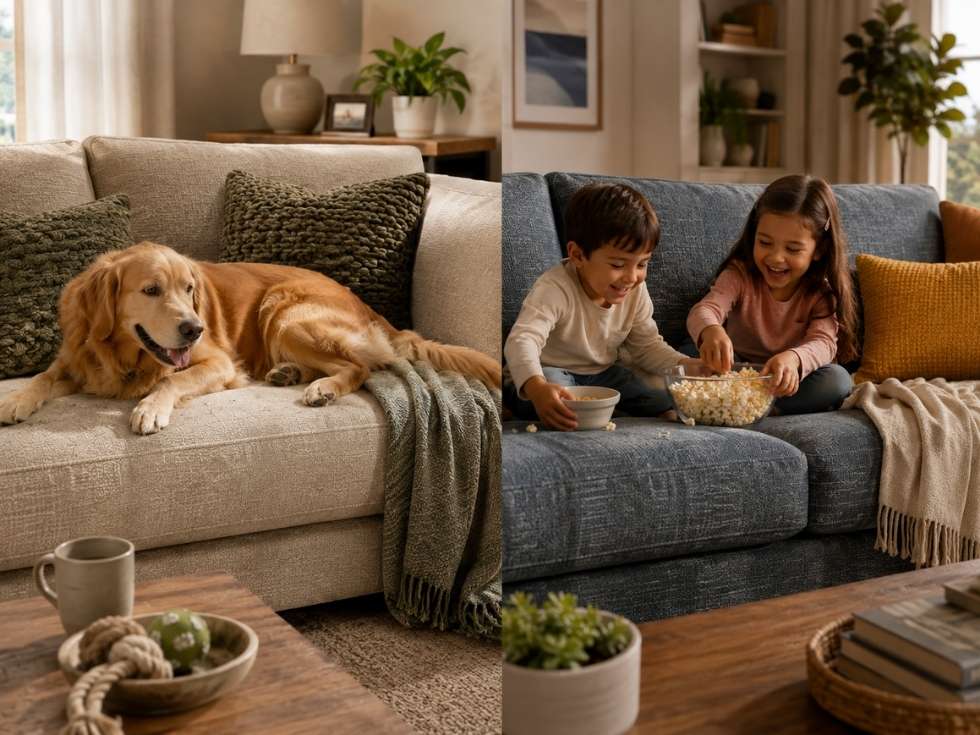 Split image showing a dog on a sofa and children on another sofa - Beautiful Homes