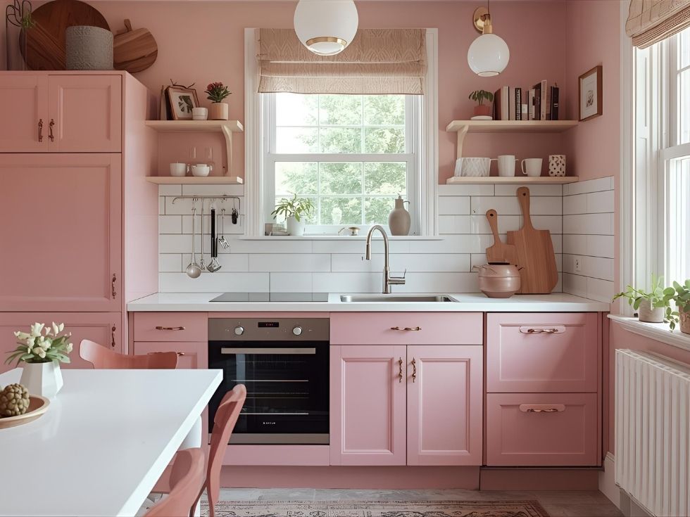 Modern neutral pink kitchen cupboards - Beautiful Homes