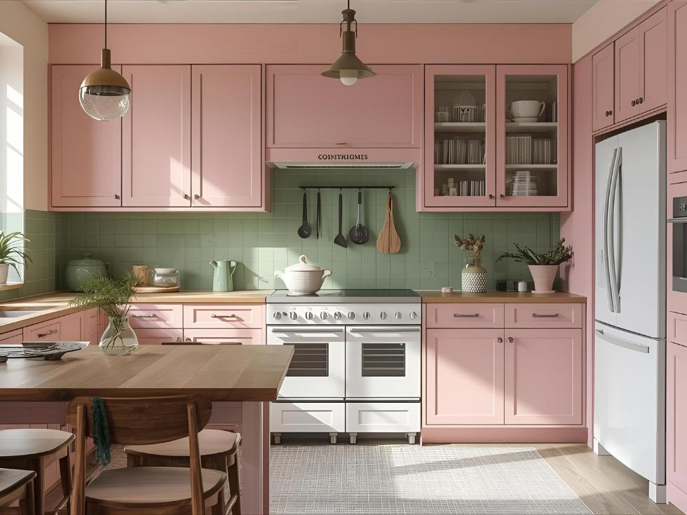 Modern pink and green  kitchen cupboards - Beautiful Homes