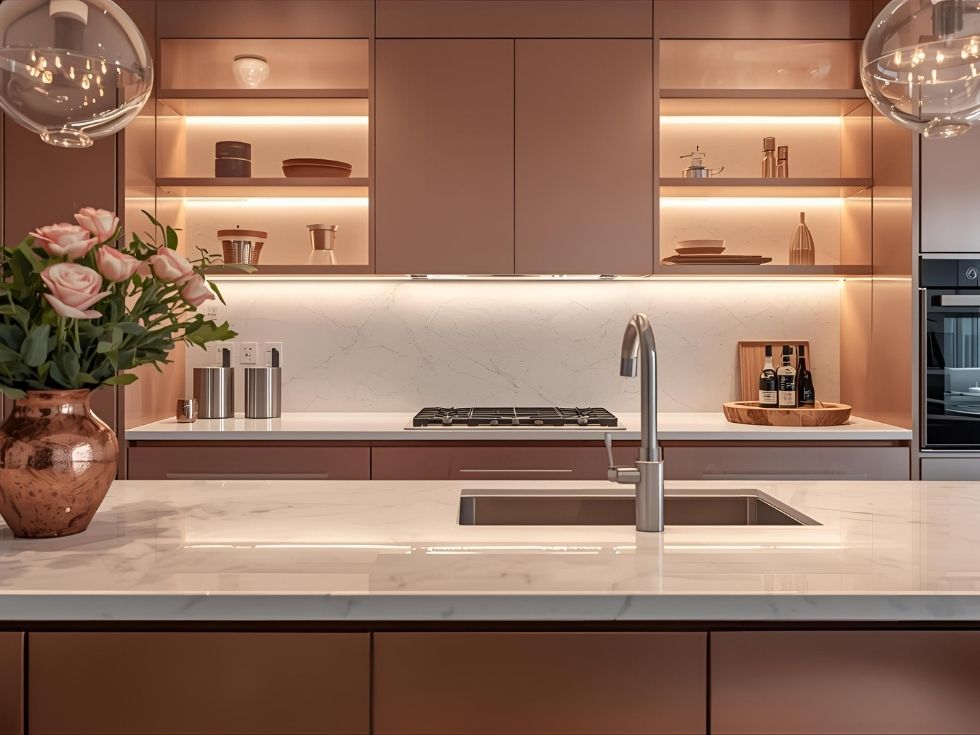 Modern pink kitchen with rosegold accents - Beautiful Homes