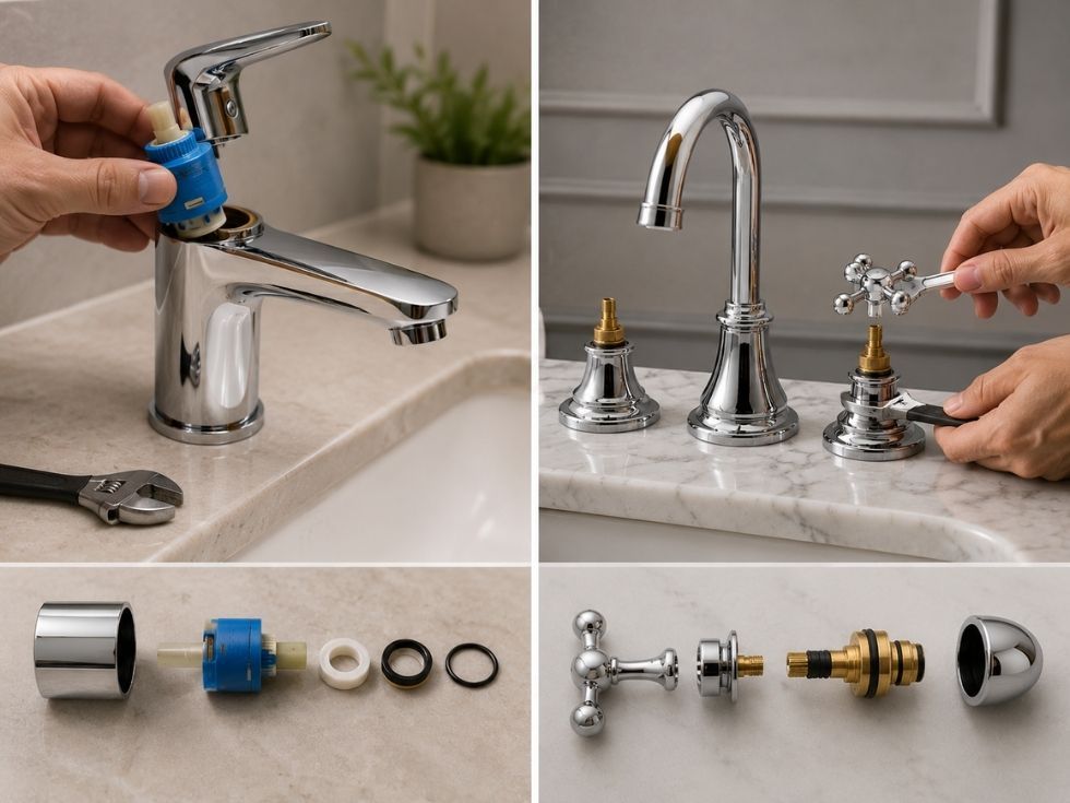 Comparison of single-lever cartridge replacement and two-handle faucet valve repair with disassembled faucet components - Beautiful Homes
