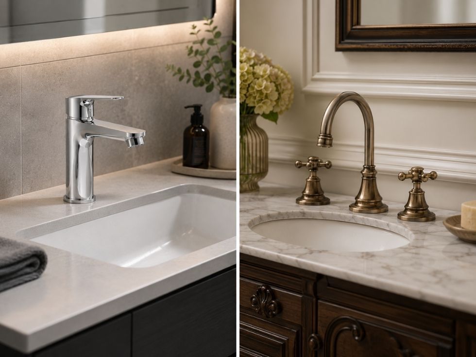 Comparison of a modern single-lever faucet and a classic two-handle bathroom faucet in different bathroom styles - Beautiful Homes