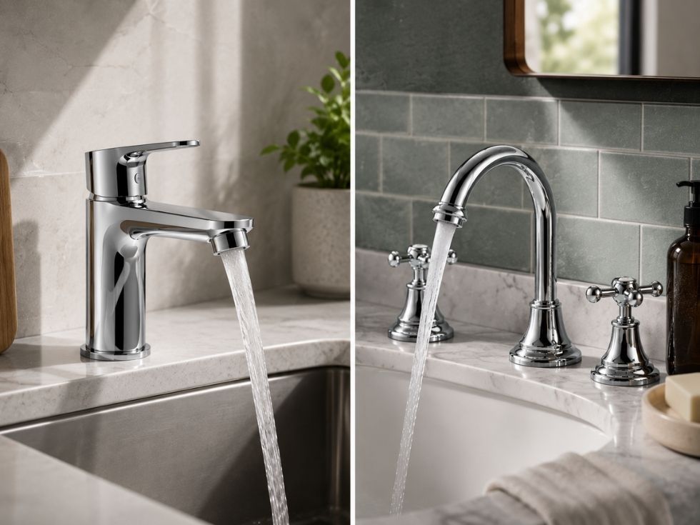Side-by-side comparison of single-lever and two-handle bathroom faucets showing their different designs - Beautiful Homes