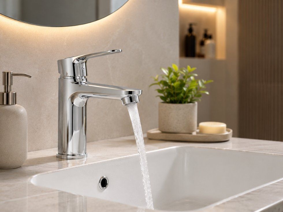 Modern chrome single-lever bathroom faucet with a sleek design on a wash basin - Beautiful Homes