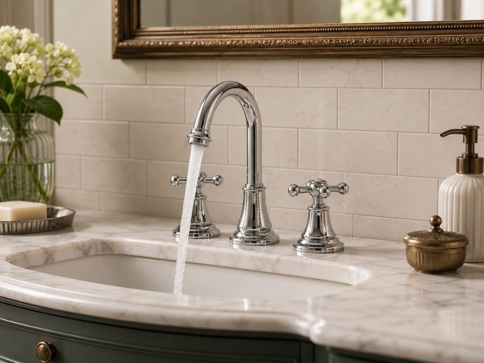 Chrome two-handle bathroom faucet with separate hot and cold handles on a marble countertop - Beautiful Homes