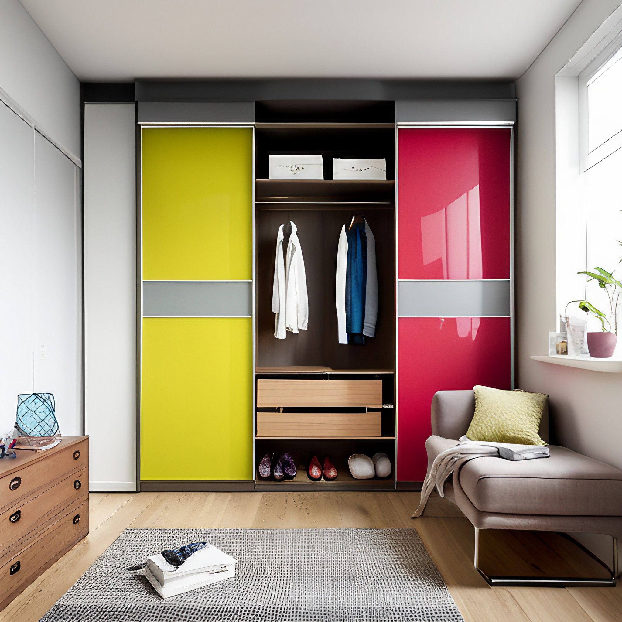 Vibrant sliding wardrobe design with loft space - Beautiful Homes