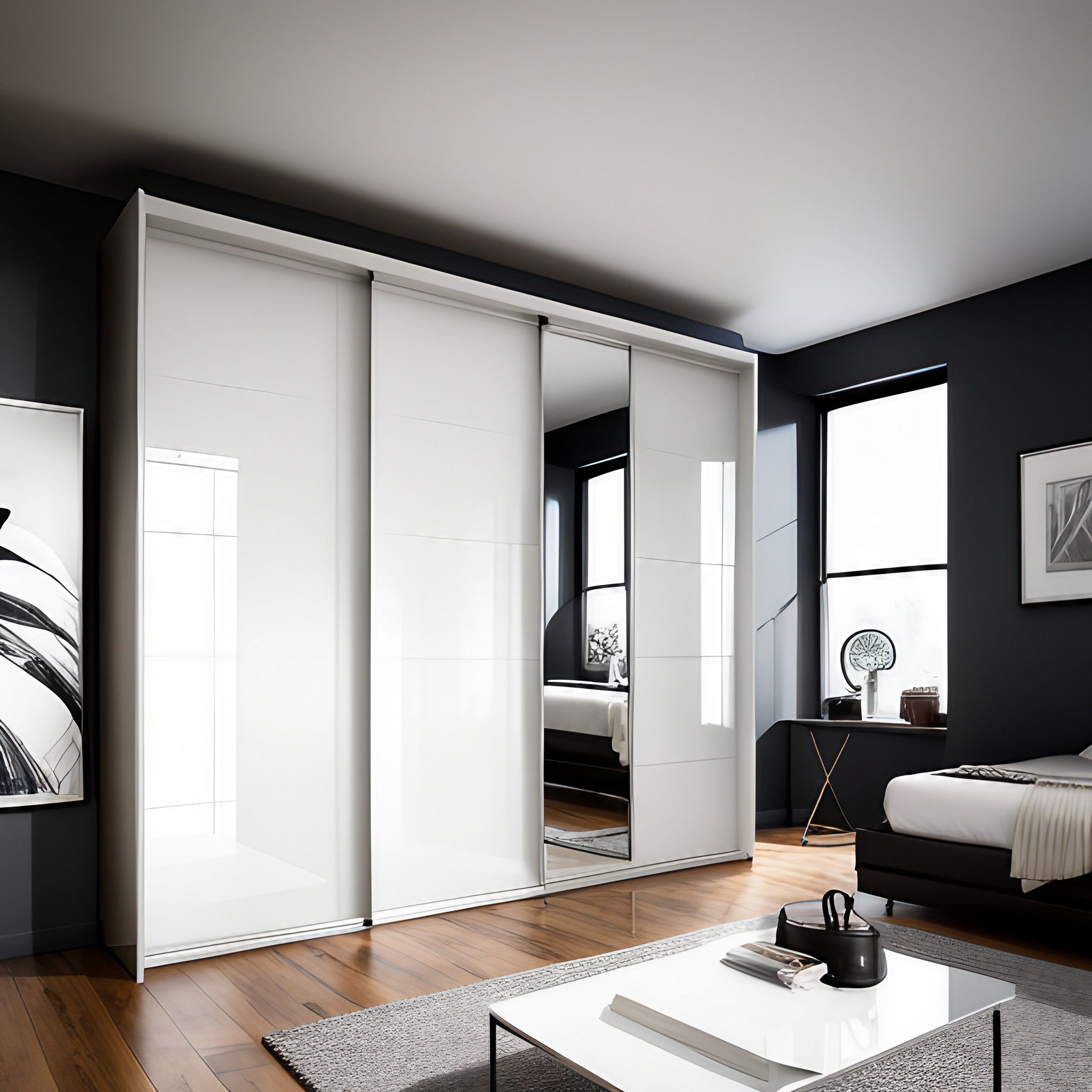 White sliding wardrobe design with loft space - Beautiful Homes