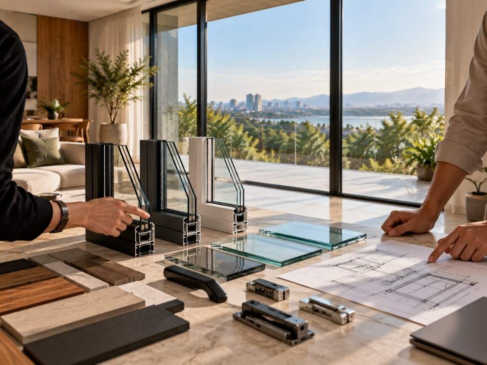 Slim frame window samples, glass panels, and hardware reviewed before purchase - Beautiful Homes