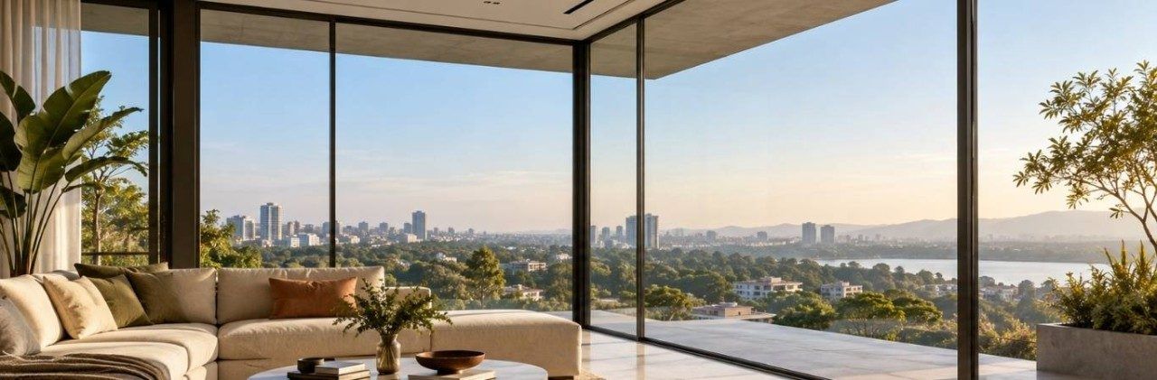 Modern living room featuring slim-frame windows with panoramic city views - Beautiful Homes