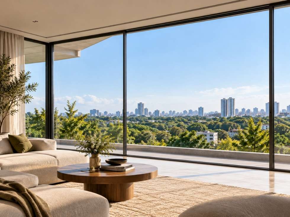 Slim frame windows offering panoramic city views in a modern living room - Beautiful Homes