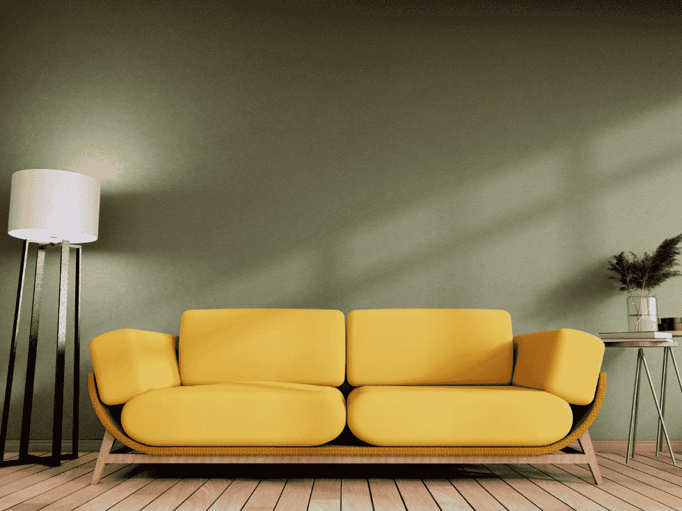 Stylish Living Room With A Yellow Sofa, Floor Lamp, And Wooden Side Table - Beautiful Homes